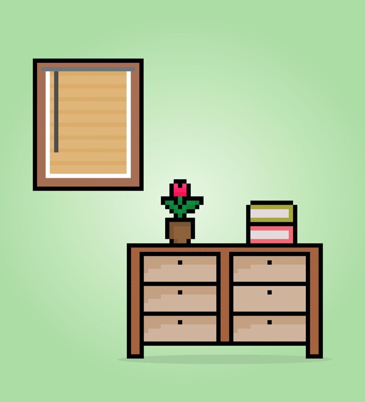 Vector escritorio de madera de 8 bits de píxeles y ventana en ilustración vectorial flor de maceta aislada y libros