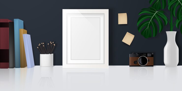 Vector escritorio de oficina en casa, espacio de trabajo con espacio para copiar, material de oficina, libros, cámara y decoraciones