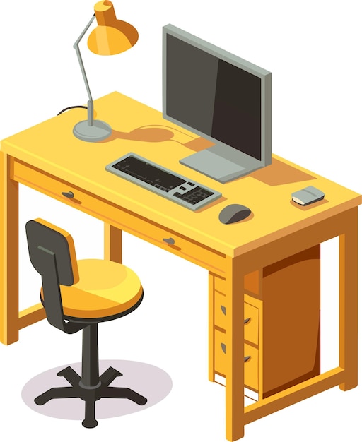 Escritorio de oficina con computadora y lámpara Lugar de trabajo de negocios moderno Mesa de trabajo en casa Ilustración vectorial