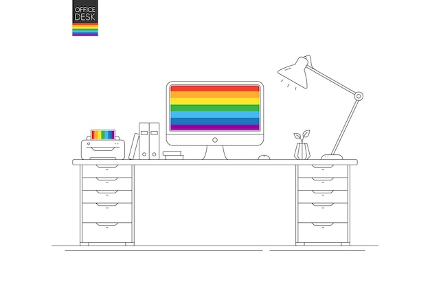 Escritorio de oficina con fondo de bandera de orgullo LGBT Lugar de trabajo de cultura de diversidad con computadora Trabajo de oficina amigable con LGBT Vector