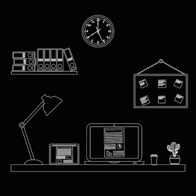 Escritorio de oficina o mesa con bosquejo de esquema de computadora Espacio de trabajo de negocios de estilo de línea o interior Vector