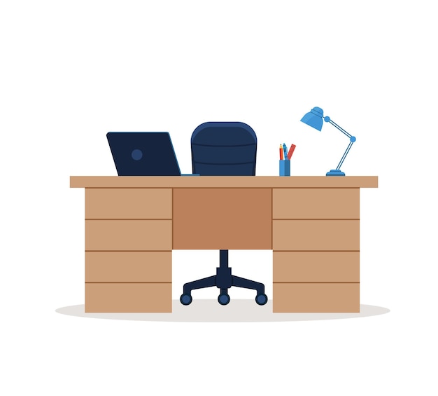 Escritorio de oficina o mesa con silla de oficina y computadora. Elementos de diseño de interiores de negocios. Ilustración vectorial. eps 10