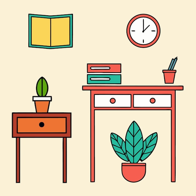 Escritorio con plantas, libros de reloj y artículos de escritorio en un estilo de diseño plano