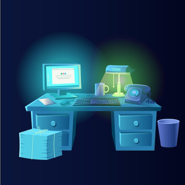 Escritorio retro Escritorio lugar de trabajo con computadora lámpara de mesa verde disco teléfono retro Vector estilo de dibujos animados