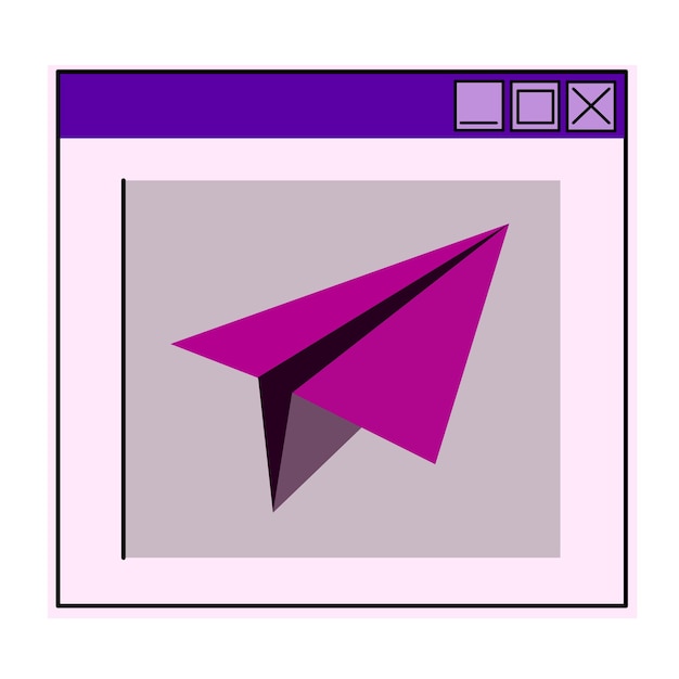 Vector escritorio retro vaporwave con cuadros de mensajes con avión de papel y elementos de interfaz de usuario