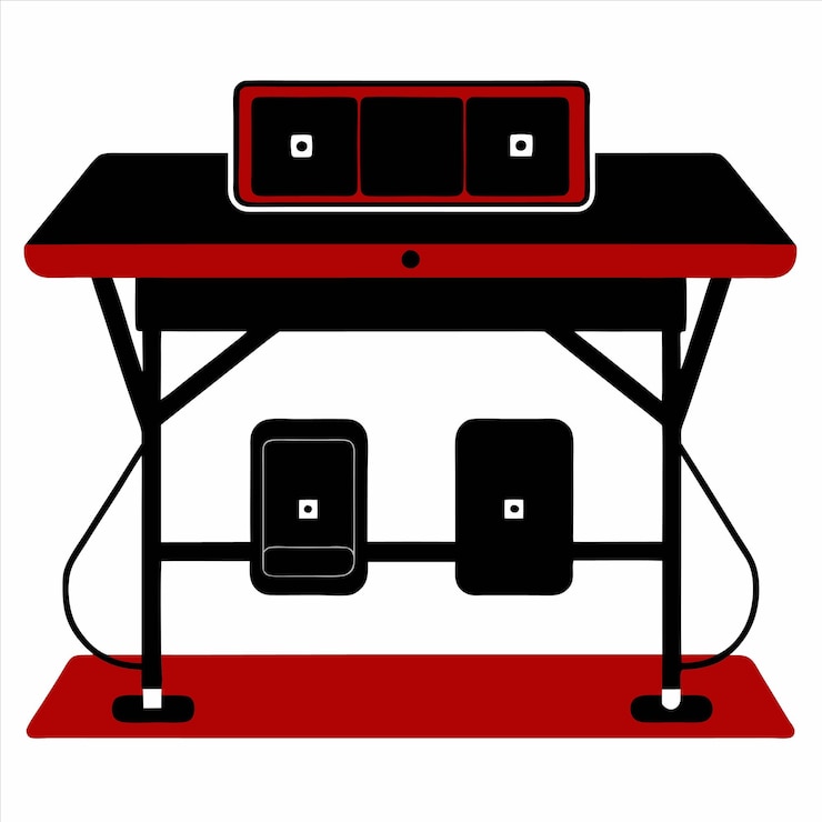 Vector un escritorio rojo con una mesa negra y roja y una imagen en blanco y negro de un dispositivo electrónico