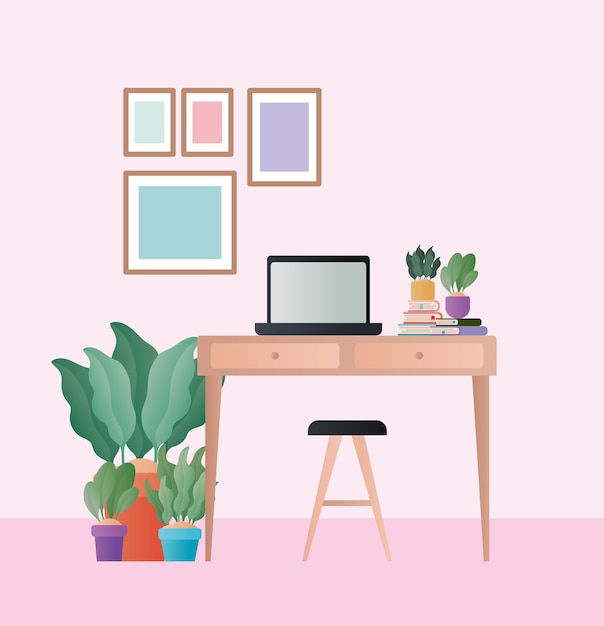 Escritorio con silla para computadora portátil y plantas en el diseño de la habitación, decoración del hogar, apartamento de construcción de vida interior y tema residencial