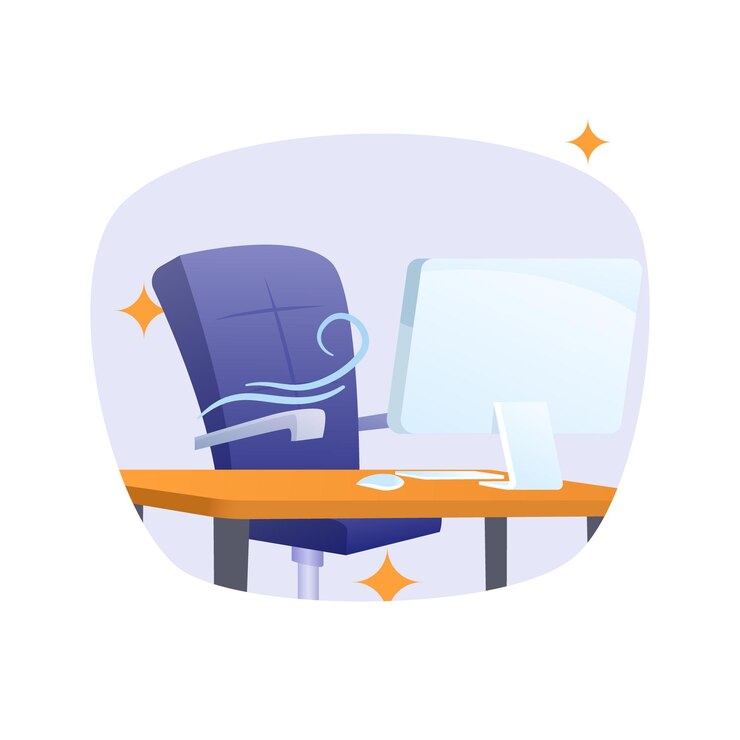 Escritorio con una silla vacía y una ilustración de PC