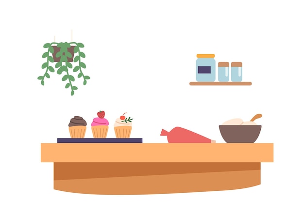Escritorio con tazón de muffins horneados con crema batida o pastelitos en la bandeja Ilustración de dibujos animados de producción de pasteles caseros