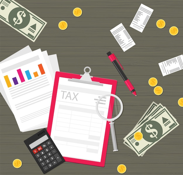 Escritorio de trabajo del auditor Papeleo contable Investigación empresarial Auditoría financiera Auditoría Proceso fiscal Informe Análisis de datos Análisis Informe de investigación financiera Proyecto Escritorio Vector Color Fondo