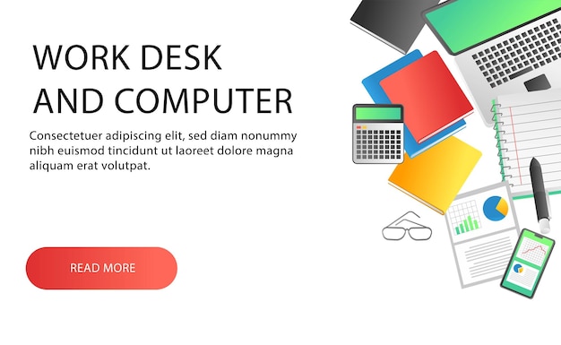 Escritorio de trabajo y estudio de página de destino de concepto de ilustración isométrica plana