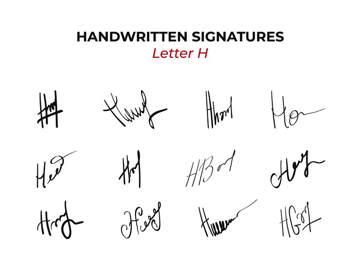 Escritos a mano Autógrafos con la letra H Escriptura falsa dibujada a mano Firma ficticia para certificado o nota comercial Ilustración aislada de garabateo vectorial 1 de 26