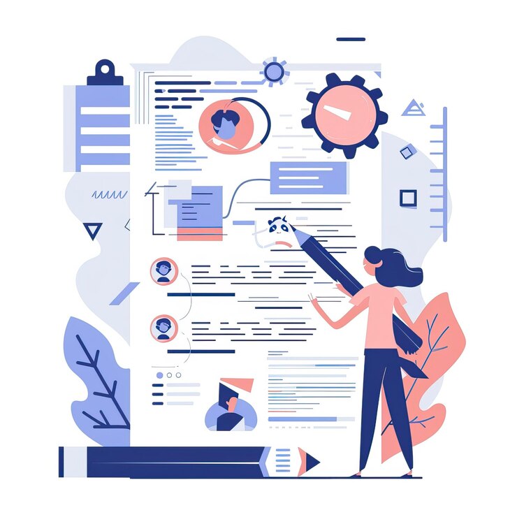 Vector escritura de currículums y solicitud de currículum de candidatos neubrutalismo ilustración vectorial del concepto de persona pequeña