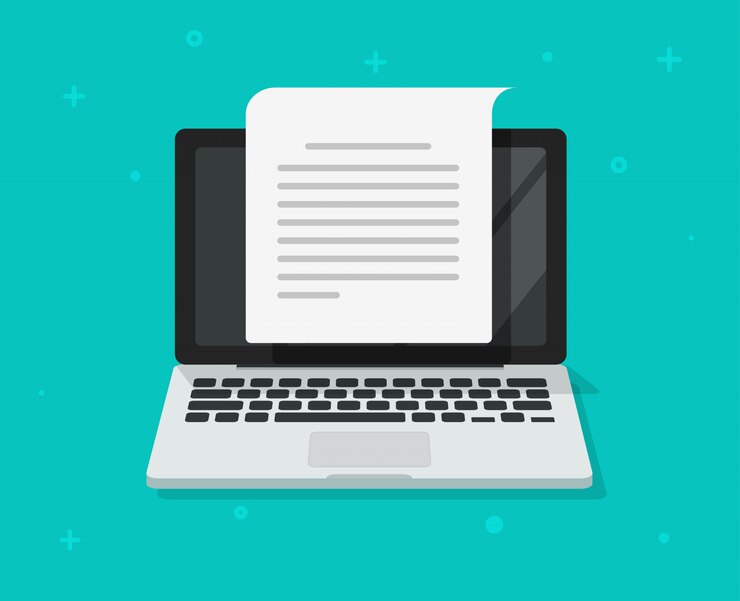 Vector escritura de documentos de texto o creación de contenido de cartas en computadora portátil de dibujos animados plana