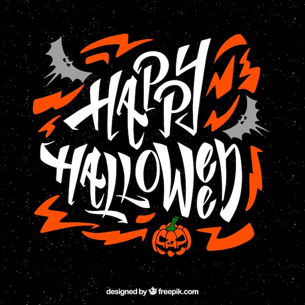 Vector escritura de feliz halloween con murciélagos y calabaza