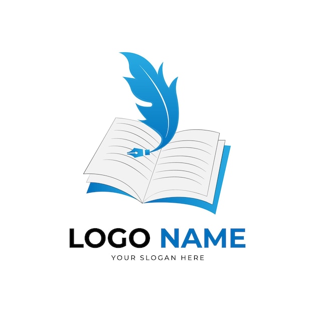 Escritura del logotipo del libro de pluma en una plantilla de vector de libro abierto