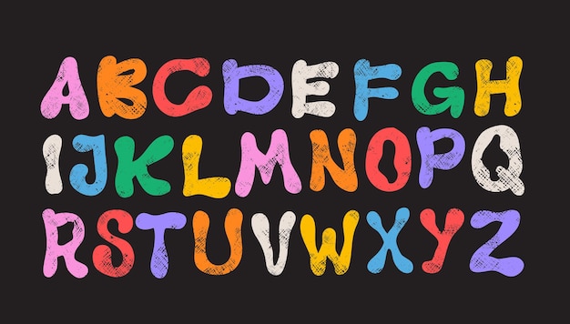 Escritura a mano fuente en negrita infantil con textura de lápiz de colores o lápiz Grunge fuente colorida funky garabatear