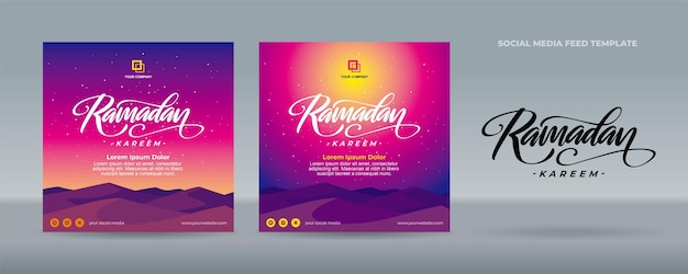 Escritura a mano Ramadan Kareem Calligraphy saludos en el fondo del desierto magenta para publicación en redes sociales