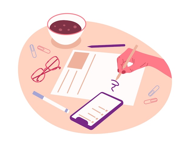 Escritura a mano Relleno de la mano humana diario planificador semanal o para hacer lista persona firma y tomar notas ilustración vectorial plana concepto de papeleo