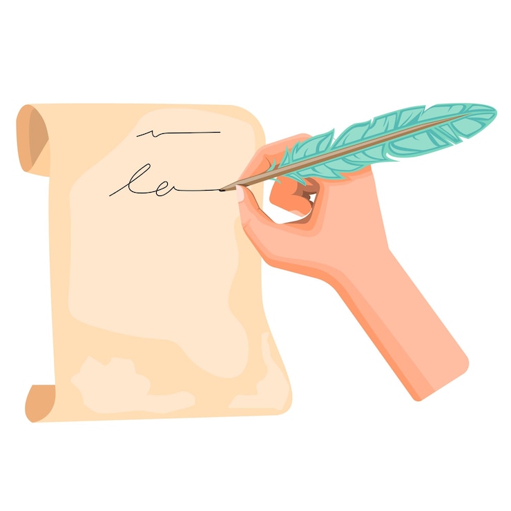 Vector escritura a mano con tinta de pluma de pluma en rollo de papel vintage en ilustración vectorial de dibujos animados