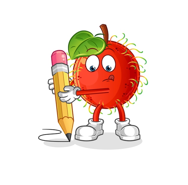 Escritura de rambután con lápiz. vector de mascota de dibujos animados