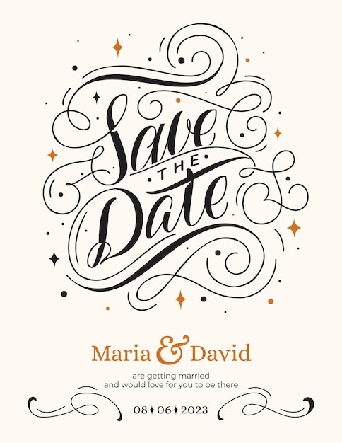Escritura de tinta con pincel dibujado a mano en estilo de caligrafía moderna Guardar la fecha Texto elegante escritura ortográfica para la decoración de la invitación de boda Ilustración vectorial