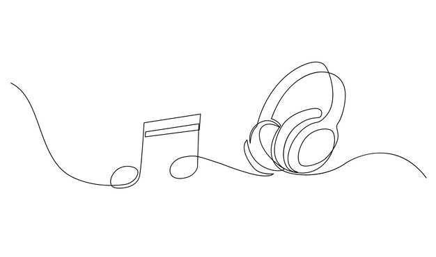 Escuchadores de una línea Dibujo continuo de gadgets musicales y notas