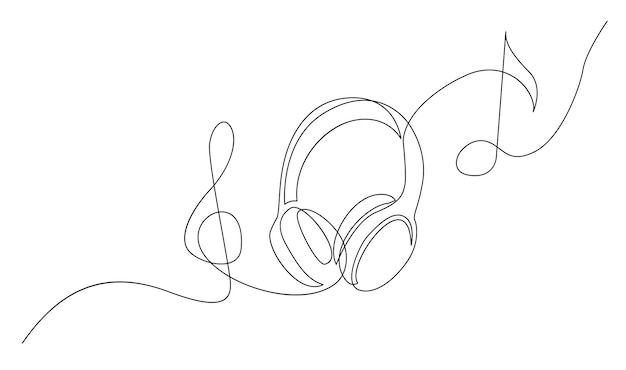 Escuchadores de una línea Dibujo continuo de gadgets musicales y notas