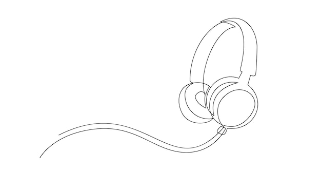 Escuchadores de una línea Dibujo continuo de gadgets musicales y notas