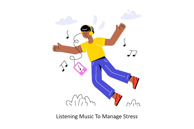 Escuchar música para controlar el estrés Diseño de estilo plano Ilustración vectorial Ilustración de stock