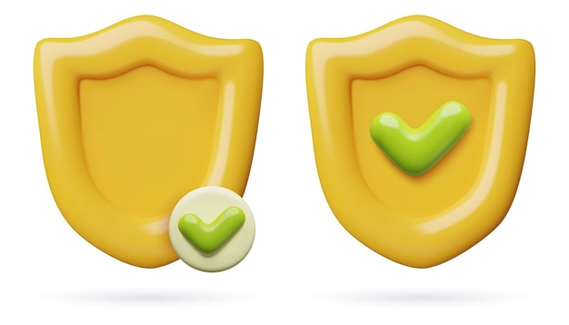 Escudo amarillo con una marca de comprobación seguridad 3D y seguridad iconas de vector mínimos ilustrados