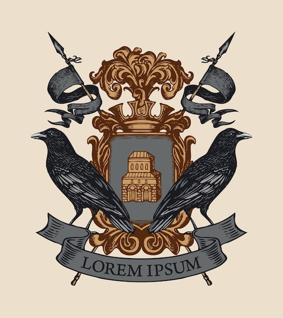 Vector escudo de armas con castillo de cuervos y corona