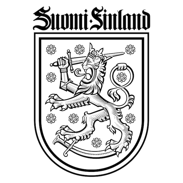 Escudo de armas finlandés león heráldico y espada vikinga dibujado en una inscripción de estilo retro vintage en