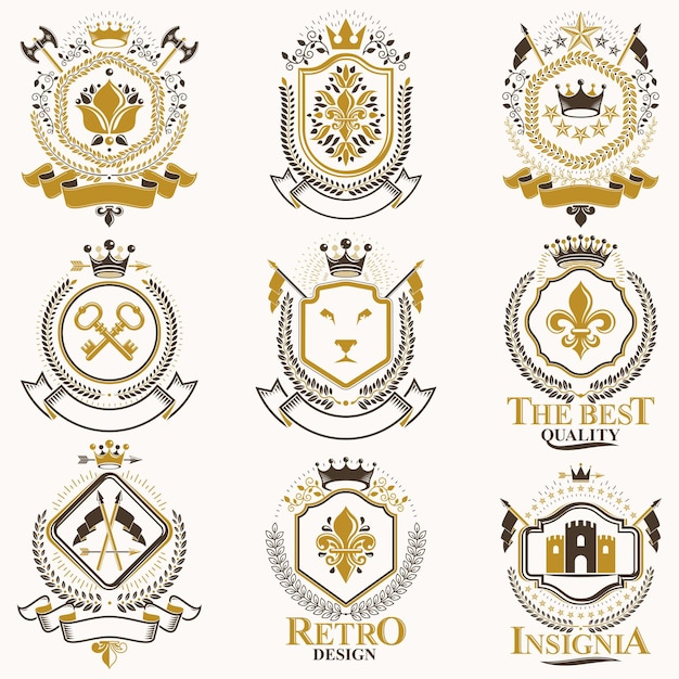 Vector escudo de armas heráldico con clase vectorial. colección de blasones estilizados en diseño vintage y creados con elementos gráficos, coronas y banderas reales, estrellas, torres, armería, cruces religiosas.