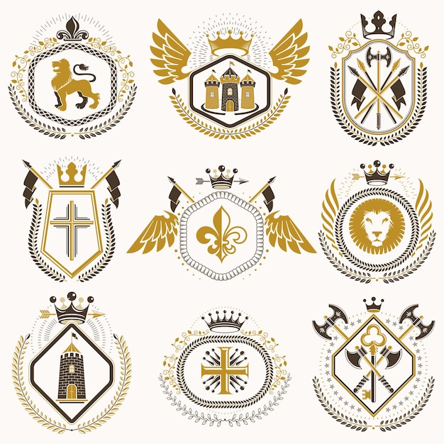 Escudo de armas heráldico con clase vectorial. Colección de blasones estilizados en diseño vintage y creados con elementos gráficos, coronas y banderas reales, estrellas, torres, armería, cruces religiosas.