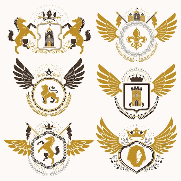 Escudo de armas heráldico con clase vectorial. Colección de blasones estilizados en diseño vintage y creados con elementos gráficos, coronas y banderas reales, estrellas, torres, armería, cruces religiosas.