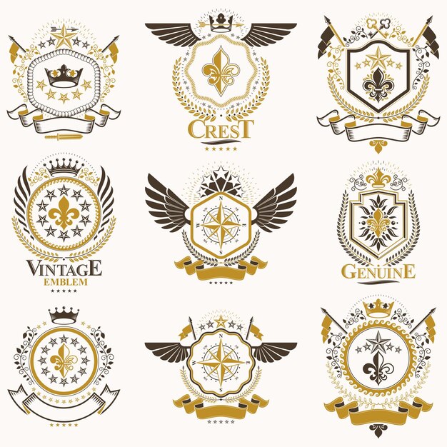 Escudo de armas heráldico con clase vectorial. Colección de blasones estilizados en diseño vintage y creados con elementos gráficos, coronas y banderas reales, estrellas, torres, armería, cruces religiosas.