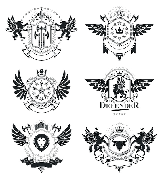 Vector escudo de armas heráldico, emblemas vectoriales antiguos. elegante colección de ilustraciones simbólicas de alta calidad, conjunto de vectores.