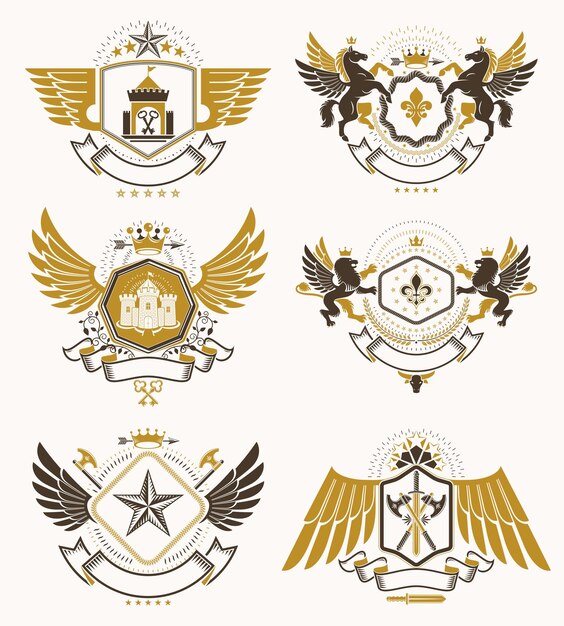 Vector escudo de armas heráldico vectorial vintage diseñado con estilo de premio. torres medievales, armería, coronas reales, estrellas y otra colección de elementos de diseño gráfico.