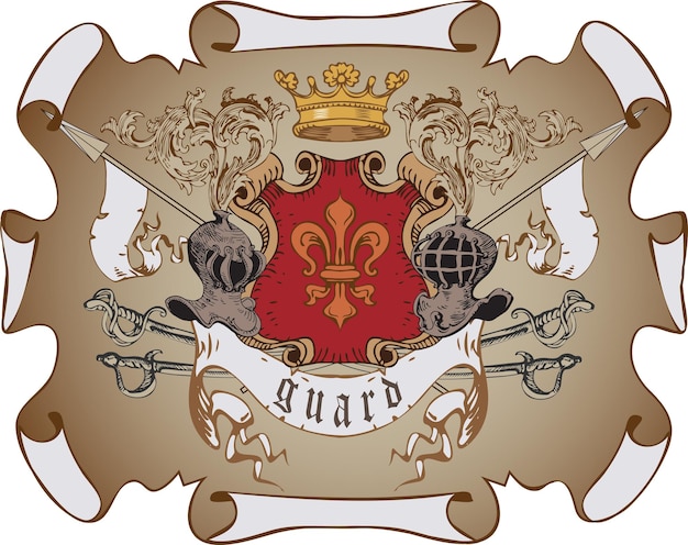 escudo de armas medieval con caballeros en armadura, gráficos de estilo antiguo