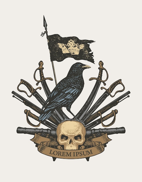 escudo de armas medieval con cráneo de cuervo y arma