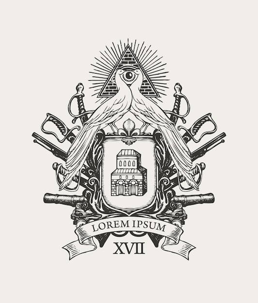 Escudo de armas medieval con pavos reales y fortaleza