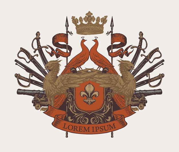escudo de armas medieval con pavos reales y grifos