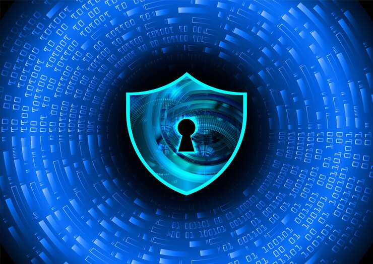 Vector un escudo azul con un ojo de cerradura en el medio que dice "seguridad"