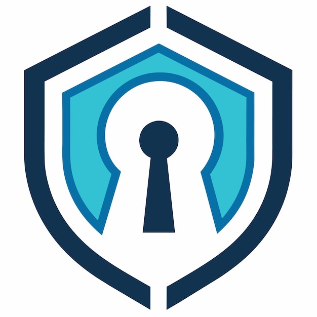 Un escudo azul con un símbolo de llave en el interior que representa la seguridad y la protección Representación minimalista de un agujero de llave o cerradura que simboliza la privacidad y la protección