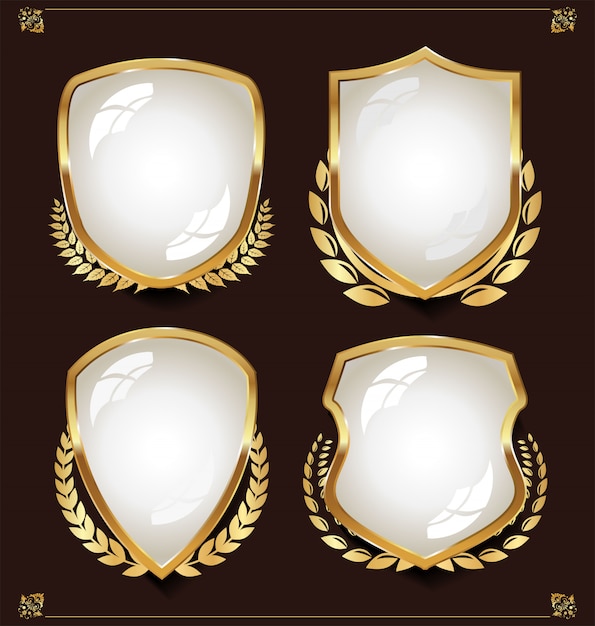 Escudo blanco con colección de coronas de laurel.