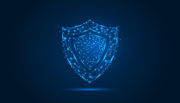 Escudo brillante Icono de ciberseguridad Protección digital futurista Concepto de seguridad de datos y seguridad de red con escudo de neón brillante en fondo oscuro
