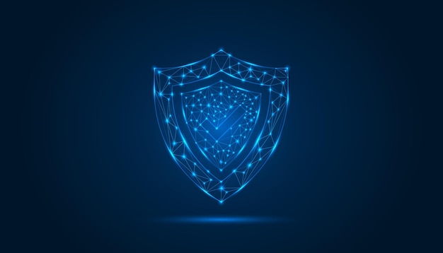 Escudo brillante Icono de ciberseguridad Protección digital futurista Concepto de seguridad de datos y seguridad de red con escudo de neón brillante en fondo oscuro