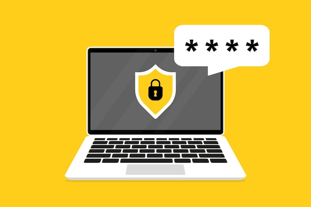 Escudo con candado en la computadora Contraseña de inicio de sesión del candado Concepto de protección de datos en la computadora portátil Seguridad de los datos personales Proteger la computadora portátil de datos confidenciales Ilustración vectorial