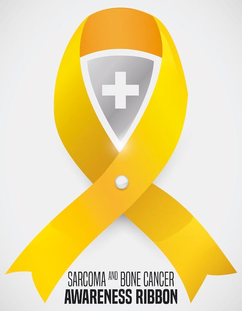 Escudo y cinta amarilla que promueven la concientización sobre el sarcoma y el cáncer de hueso